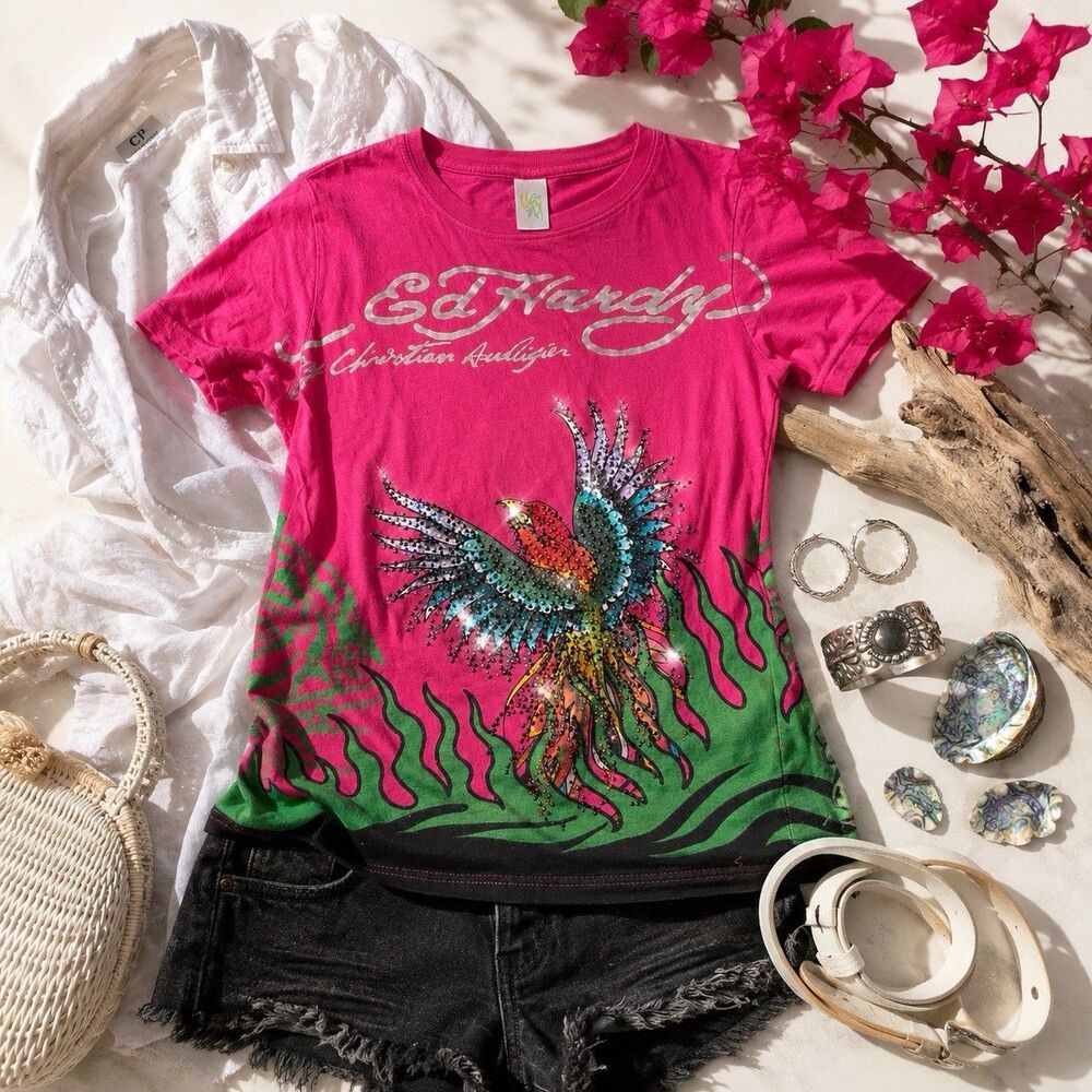 Vintage Ed Hardy Christian Audigier Phoenix Rhinestone Graphic Tee Y2K Punk